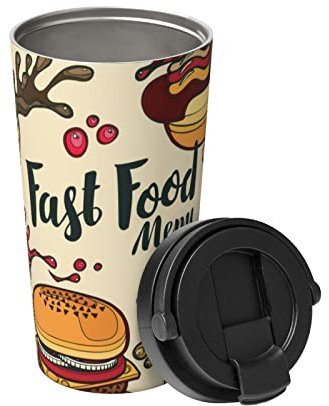 Tragbare Isolierte Tasse Fast Food Menü Im Retro Stil Kaffeebecher Wiederverwendbar Tasse Auslaufsicher Classic Thermobecher, Für Kaffee Oder Tee, Wasser, 17 Unzen