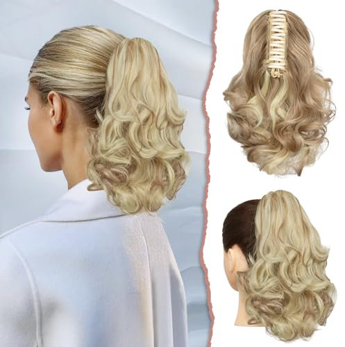 Sofeiyan Pferdeschwanz Verlängerung 28cm Klaue Clip in Pferdeschwanz Haarverlängerungen Kurz Lockig Gewellt Pferdeschwanz Extensions Synthetisches Haarteil für Frauen, Helles Aschbraun & Bleichblond
