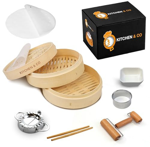 KITCHEN & CO 25,4 cm Teigtaschen-Bambus-Dampfgarer - komplettes Set mit 2 Etagen Bambus-Dampfkorb, 2 Essstäbchen, 1 Nudelholz, Keramikschale und mehr, bringt Tradition auf Ihren Tisch, ein gedämpftes