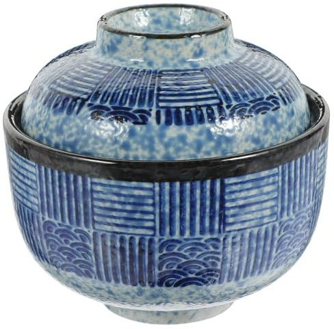 Amosfun Japanese Style Miso Soup Bowl with Lid, Ceramic Miso Soup Serving Bowl with Spoon, Small Steaming Cup, Traditional Japnese Tableware