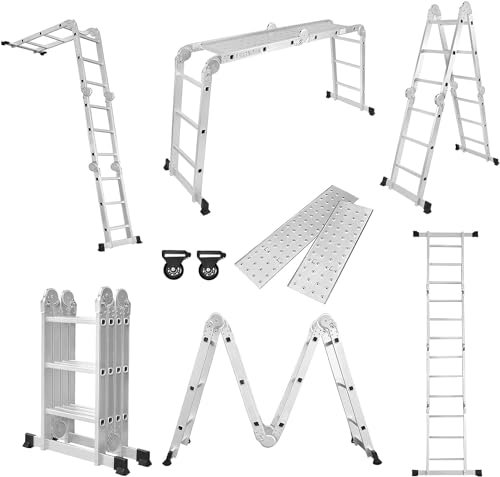 HENGMEI Escalera 6 en 1 Escalera Multiusos de Aluminio con Plataforma Escalera Plegable Multifuncional de 3,4 m Escalera de Trabajo Escalera doméstica hasta 150 kg, peldaños de 4x3 con 2 Placas de an