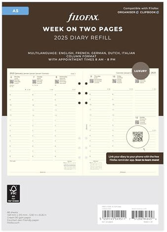 Filofax A5 Woche auf zwei Seiten, Spaltenformat, 5-sprachig, 2025, Baumwollcreme