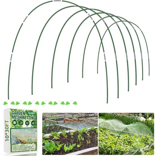 MQUPIN 36Pcs Garden Hoops for Raised Beds, 17In Flexible Greenhouse Hoops with 10 * 30FT Garden Netting, Garden Bed Cover for Fruit and Vegetable Cage
