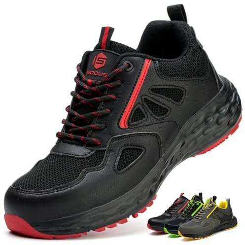 ISOOUS Arbeitsschuhe Herren Sicherheitsschuhe Damen Leicht Kunststoffkappe Atmungsaktiv rutschfest Sneaker Küche Sportlich Schwarz Rot EU 42