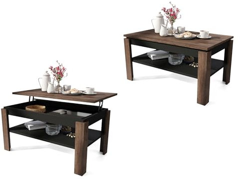 All4All Couchtisch Asti-P - Wohnzimmertisch - Kaffeetisch - mit Stauraum – kompakte Größe - Sofatisch mit Ablage – platzsparend – höhenverstellbar - 100x60cm - Braune Eiche + Schwarz-05