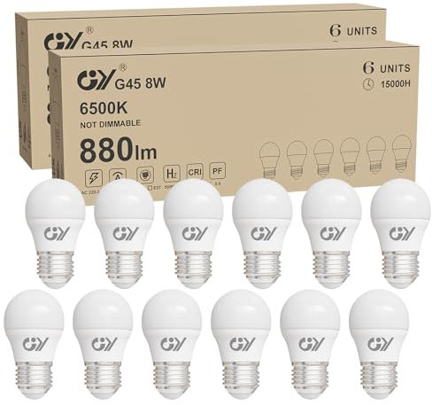GY E27 LED Ultrahelle Energiespar Glühbirne, 8W Glühbirne E27, Ersetzt 80W Halogenlampe, G45 LED Birne 880LM, 6500K Led Kaltweiss, 280° Abstrahlwinkel Energiesparlampe, Nicht Dimmbar, 12 Stück