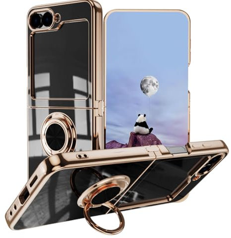 BORYA Ultra Dünn Hülle für Samsung Galaxy Z Flip5 (Flip 5) 5G, Stoßfest Handyhülle, TPU Bumper Weiches Silikon Schutzhülle mit Galvanisieren Goldkante 360°Ring Ständer, Schwarz