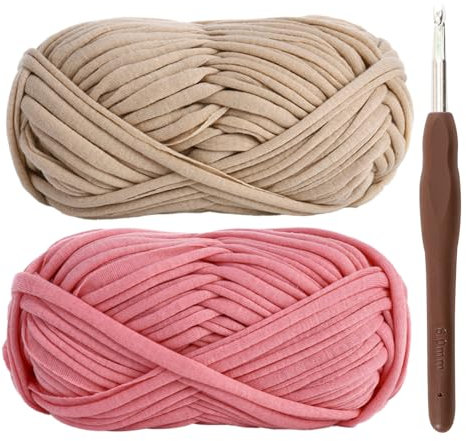 T-Shirt Garn, Bändchengarn zum Häkeln und Stricken Textilgarn 2 x 100g Dickes Polyester-Garn mit einer 6-mm-Häkelnadel für Häkeltaschen, Körbe, Teppiche, Heimdekoration und DIY-Kunsthandwerk (Khaki)