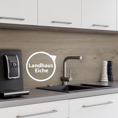 WALLando Premium Küchenrückwand, individueller Größenzuschnitt – Einfach zu montierende PVC-Wandverkleidung für die Küche – Hitzebeständiger Spritzschutz aus Kunststoffplatten – Landhaus Eiche
