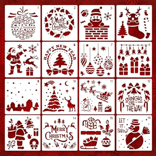 16 Stück Schablone Weihnachten Set, Wiederverwendbar Kunststoff Schablonen Kinder Malschablonen Waschbar, für Fenster Scrapbooking Kinder DIY Geschenkkarten