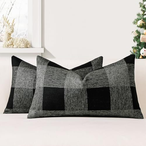 JOTOM 2er Set Buffalo Plaid Kissenbezüge, Dekorative Weich Plaid Wurf Kissenbezug Moderne Kissenhüllen Sofakissen Dekokissen Zierkissenbezug für Wohnzimmer Schlafzimmer Deko (40x60cm, Schwarz+Grau)