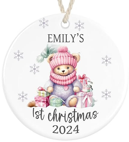 Personalised Baby's First Christmas 2025 Ceramic Ornament Bauble Gift Christmas Tree Decorations Custom Keepsake 1st Xmas (Teddy bear Pink)