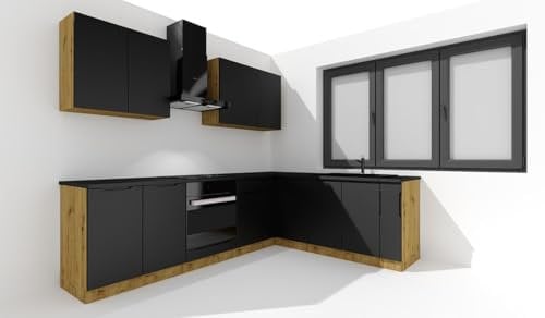 JUANIO Cocina Esquinera Completa ISYA 9 Elementos Color Negro/Roble Artesano - Longitud 200/260 cm