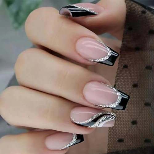 24-pack Short Coffin French Tip False Nails w/Black Edge, Silver Glitter Swirl, Removable - Perfect for Women Nail Art Accessories