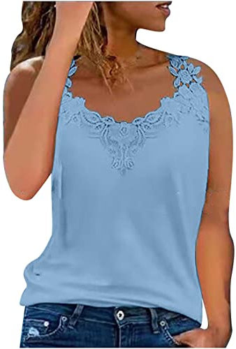 Vest Tops for Women UK Lace Summer Tops Sleeveless Vest T Shirts Loose Tunic Shirt Cotton Camisole Top Ladies Casual Tee Shirts Going Out Top Summer Tee Tops Cami Shirt Lace Blouses Sky Blue