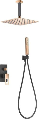GALYON IMEX - Conjunto de ducha empotrada techo - Griferia empotrada baño con rociador cuadrado y mango de ducha Serie Estocolmo Negro mate BDES37-6NG (NEGRO MATE Y ORO ROSA)