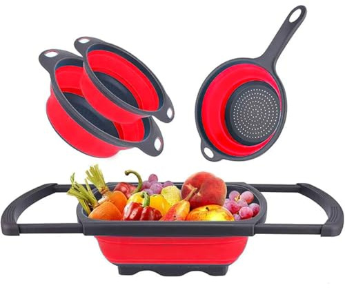 Küchensieb Set, 4 Stück Faltbare Nudelsiebe, Abtropfsieb für Nudeln, Gemüse und Obst, 3 Farben (Red)