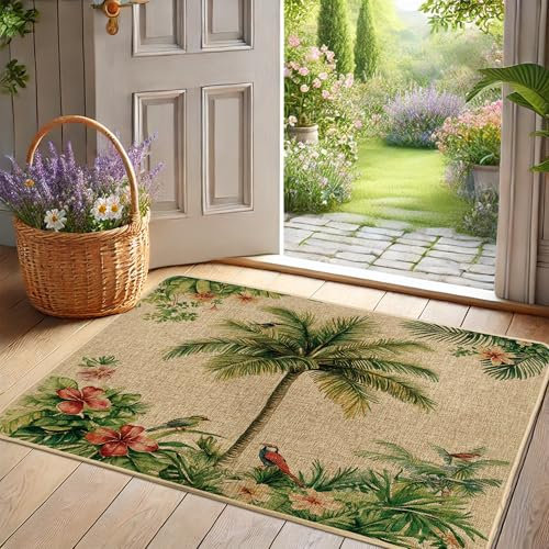Paillasson motif feuille de palmier tropical, tapis de bienvenue pour intérieur et extérieur, décoration d'été, antidérapant, imperméable, résistant à la poussière, facile à nettoyer, 73,6 x 43,2 cm