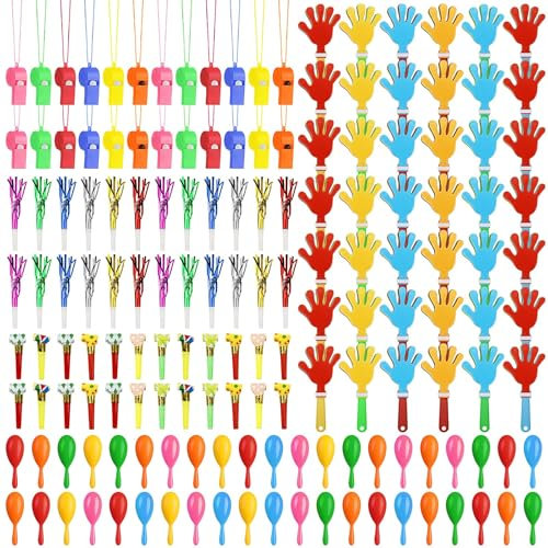 Noise Makers for Sporting Events, 156Pcs Party Favors - 42Pcs Hand Clappers, 42Pcs Maracas, 24Pcs Whistle Necklaces, 24Pc Blowouts Noisemakers, 24Pc Fringed Party Blowers for Cheering & Celebration