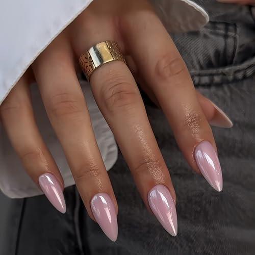 KQueenest Chrome Light Pink Press on Nails Almond Medium Glazed Glitter False Nails Medium, Luxury Design Acrylic Fake Nails Set with Bling Mirror Effect Stick on Nail for Women Finger Wear 24 Pcs