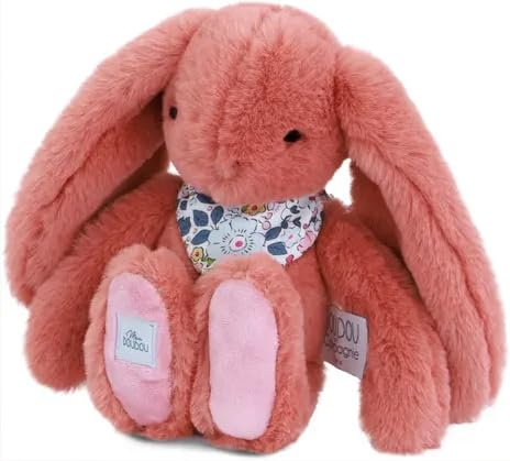 Doudou et Compagnie - Lapin Fleurette Terracotta 25 cm – Peluche Bébé Mixte Ultra Douce avec Foulard Fleuri – Doudou Naissance Coloris Terracotta – Idée Cadeau avec Boîte Cadeau - DC4298
