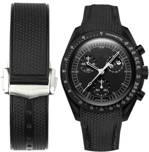 Sight Focus 20mm Curved End Rubber Watch Band for Omega X Swatch,Omega Speedmaster moonwatch Folding Buckle Watch Strap Replacement Watchband No Gap Deployment Buckle Men Women Dustproof Washable