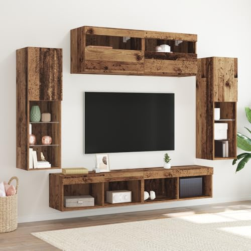 EMYRLXQW TV-Ständer & TV-Schränke - 8-teilige TV-Wohnwand mit LED Altholz Holzwerkstoff