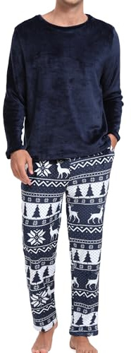 Yukiuiny Pyjama Polaire Homme Velours Ensemble Thermique Hiver Chaud Hauts de Pyjama Manches Longues Col Rond Vêtements d'Intérieur Plaid Carreaux Vêtements de Nuit Confortable Bleu Marine+Noël XXL