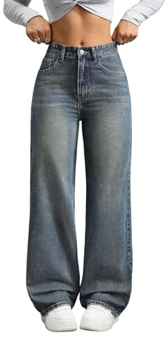 GORGLITTER Jeans Damen High Waist Denim mit Reißverschluss Gerades Bein Hose mit Tasche Jeanshose mit weitem Bein Damenjeans Freizeithose Herbst Dunkelblau S