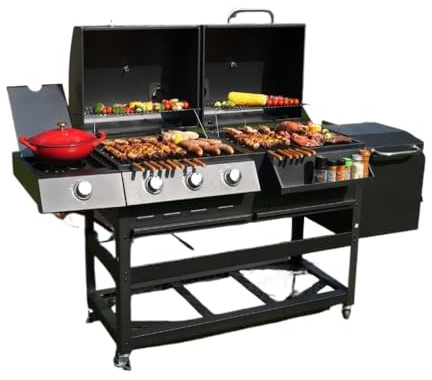 Camping Großer amerikanischer Grill mit Dual-Fuel-Funktion (Holzkohle & Gas) – Edelstahl-Gartengrill for Zuhause