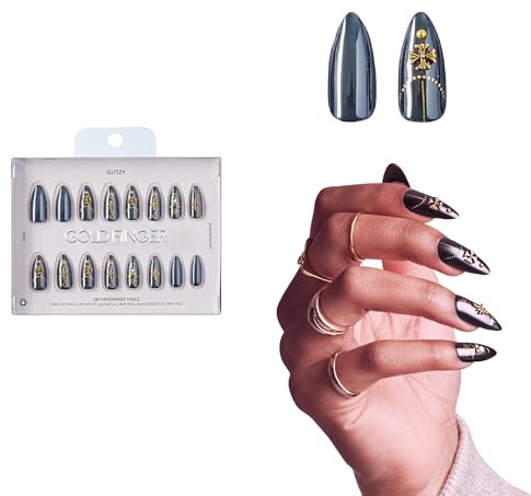 GLITZY 3D Nail Kit Handmade Rhinestone Gemstones Black Chrome Long Almond Reusable and Lasts up to 2 Weeks Seamless Close Fit Technology Includes Glue, File and 28 Pieces