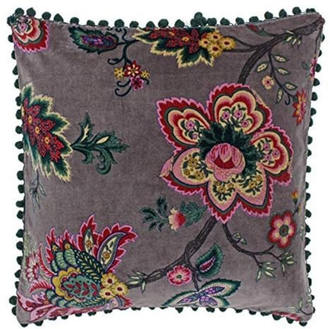 Paoletti Riva Palampur Kissenbezug - Mink Purple - Indische Blumendruck - Faux-Samt-Gewebe - Pink Pompon Edges - maschinenwaschbar - 100% Baumwolle - 50 x 50 cm (20 x 20 Zoll)