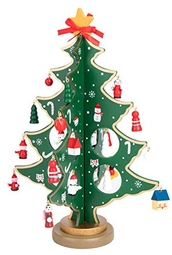 Vidillo Weihnachtsbaum Mini kleine Tisch hölzerne Deko Ornamente mit Miniatur Tischplatte DIY Schreibtisch Mini Baum, Weihnachtsbaum Stehen für Kinder Geschenk, Inneneinrichtungen (Grün)