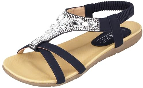 Jo & Joe Ladies Faux Leather Open Toe Sling Back T-Bar Diamante Gem Stone Flat Gladiator Summer Sandals Size 3-8