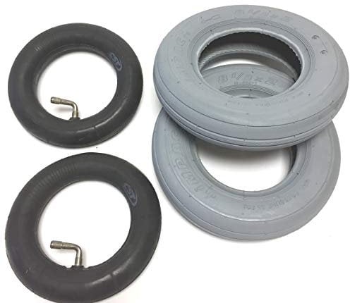 2 x Rollstuhlreifen mit Schlauch 8.1/2 x 2 (220/120x50) für Elektrorollstuhl, Reifen grau, Leichtlaufprofil, 35 PSI Luftdruck