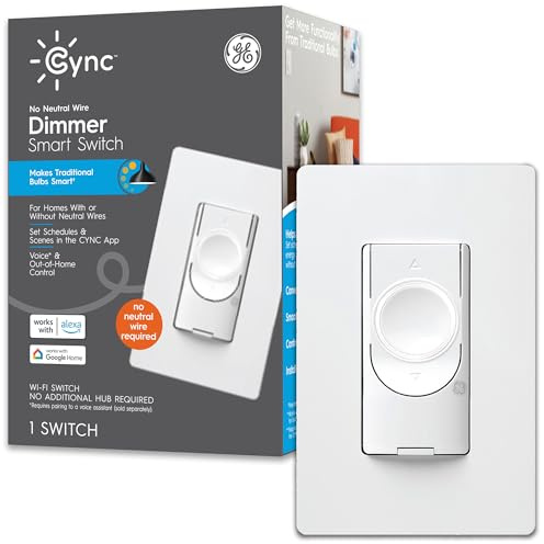 GE CYNC Smart Dimmer Light Switch, No Neutral Wire Required, Bluetooth and 2.4 GHz WiFi 3-Wire Switch, Works with Amazon Alexa and Google Home, White (1 Pack)