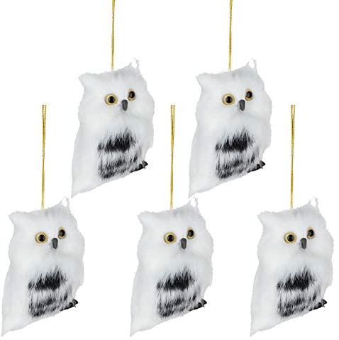 SH Eule weiß schwarz pelzig Weihnachten Ornament Dekoration, Set von 5 Vogel Figuren Künstliche Feder Eule Süße Eule Modell Weihnachtsbaum Dekor Haus Garten Fee Desktop Dekoration H7cm