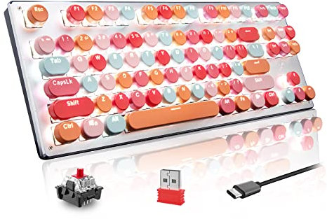 75% Wireless Mechanical Keyboard, BT5.0/2.4G/USB Wired-Tri-Mode, US Layout TKL 87 Keys Round Keycap, Rechargeable 3300 mAh Battery, White Backlit Gaming Keyboard For Typists Gamers (Red/Red Switch)