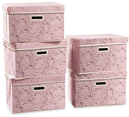 Prandom Scatole portaoggetti pieghevoli grandi con coperchi [confezione da 5] Contenitori portaoggetti decorativi in tessuto Organizer per cubi, rosa 38 x 25 x 25 cm