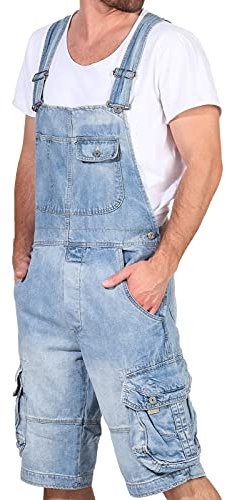 Jet Lag Herren Overall Shorts Kurze Latzhose Cargo-Style TO3 Denim Bleached 3XL