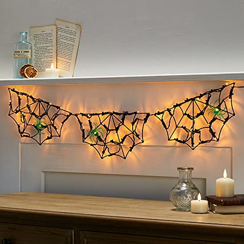 Lights4fun Spinnennetz mit 60 LEDs & 3 Grünen Spinnen – Halloween Dekoration für Innen & Außen – Batteriebetrieben mit Timer – Spinnweben Tischdeko Party Decor