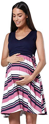 HAPPY MAMA. Donna Vestito Svasato prémaman L'Allattamento Disegno A Strati. 685p (Marina Militare & Tetro Rosa Strisce, IT 44/46, L)