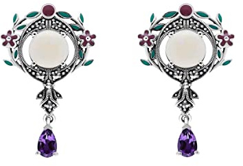 Esse Marcasite Art Nouveau Boucles d'oreilles en émail en argent sterling avec opale et marcassite