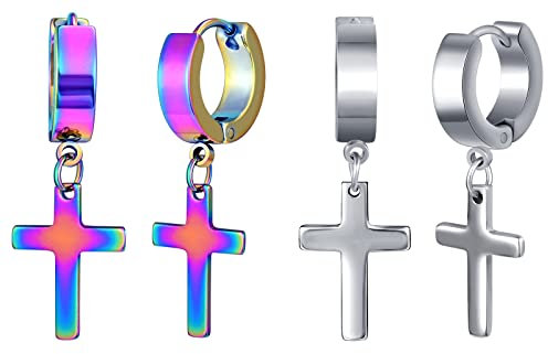 Feilok 2 Paar Männer Ohrringe Stecker Creolen Hoop Ohrringe Huggie Piercing Ohr Kreuz Ohrhänger Baumeln Klappohrring Unisex Silber Bunt Edelstahl