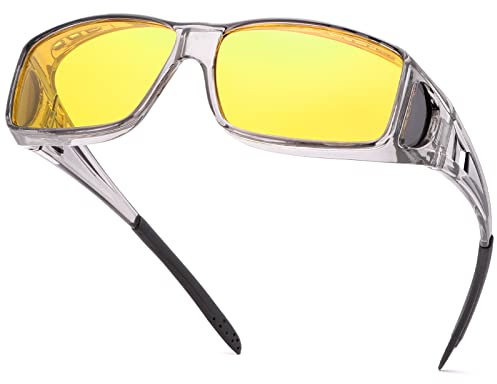 Nachtsichtbrille für Männer und Frauen, gelbe polarisierte Linse, Nachtsicherheit, Fahren, Sonnenbrille, übergroßer Schild, umlaufend, passt über Korrektionsbrillen, blendfreie, kratzfeste Brille