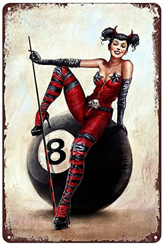 Vintage Metallschilder – schwarze Acht Billardkugel-Blechschild, Schönheit, Pinup-Mädchen-Poster, Wandkunst, Dekoration für Zuhause, Bar, Club, Café, Garage, Männerhöhle, 20,3 x 30,5 cm