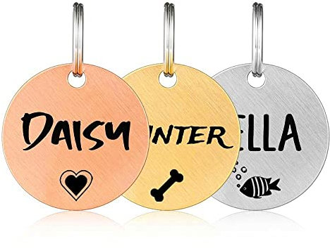 Etiquetas de identificación de mascotas, Placa de nombre personalizadas para mascotas de acero inoxidable grabada con láser, accesorio de collar personalizado para perros y gatos (Redondo)