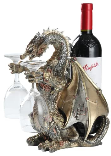 HEINBOW Steampunk Drachen-Weinflaschenhalter, Statue mit zwei Weingläsern, Weinregal, Gothic-Dekor, Metallic-Look, für Zuhause, Männerhöhle, Dekoration, Geschenke für Männer, 29 cm hoch