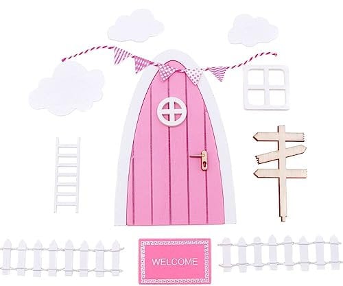 Surakey Weihnachten Wichteltür Zubehör Set,Miniatur Deko Dänische Wichtel Tür Nissedor Puppenhaus 1/12 Holztür Holzleiter Teppich Licht Besen Regen, Mini Garten Möbel Ornamente,Rosa