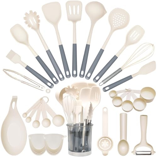 Silikon Küche Kochutensilien Set, 28-teiliges Hitzebeständig Kochutensilien mit Utensilienhalter, Antihaftbeschichtet BPA-frei Spülmaschinenfest, Wender Zange Schneebesen Kelle Löffel (Gräulich-weiß)